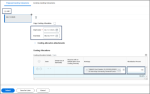 Add costing allocation section, highlighting the fields for Start Date, End Date (optional), Worktags and Distribution percent
