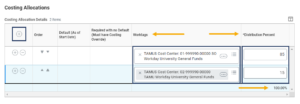 worktags field displaying multiple cost centers, one at 85% and the other at 15 percent