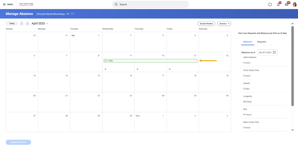 Manage Absence calendar on Behalf of Worker