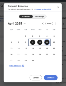 Request Absence Calendar with dates selected. 