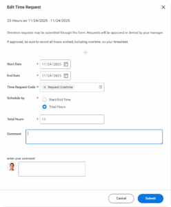 Dialogue box for editing a Time Request. 