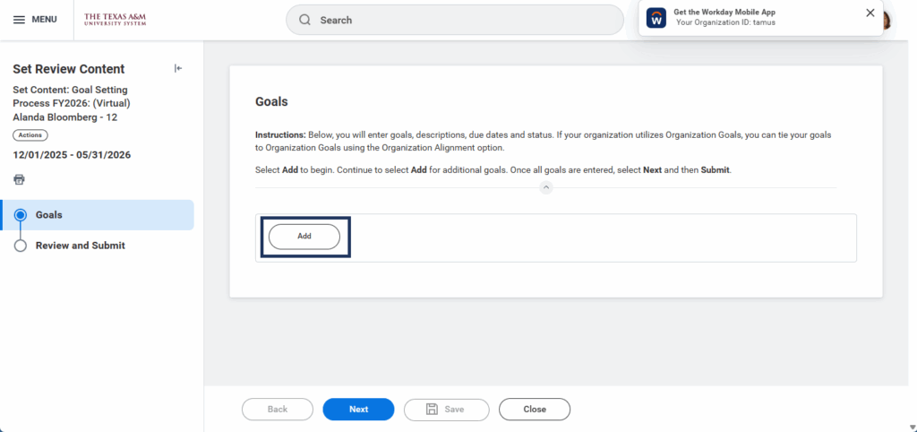 Add button for adding a goal is highlighted.