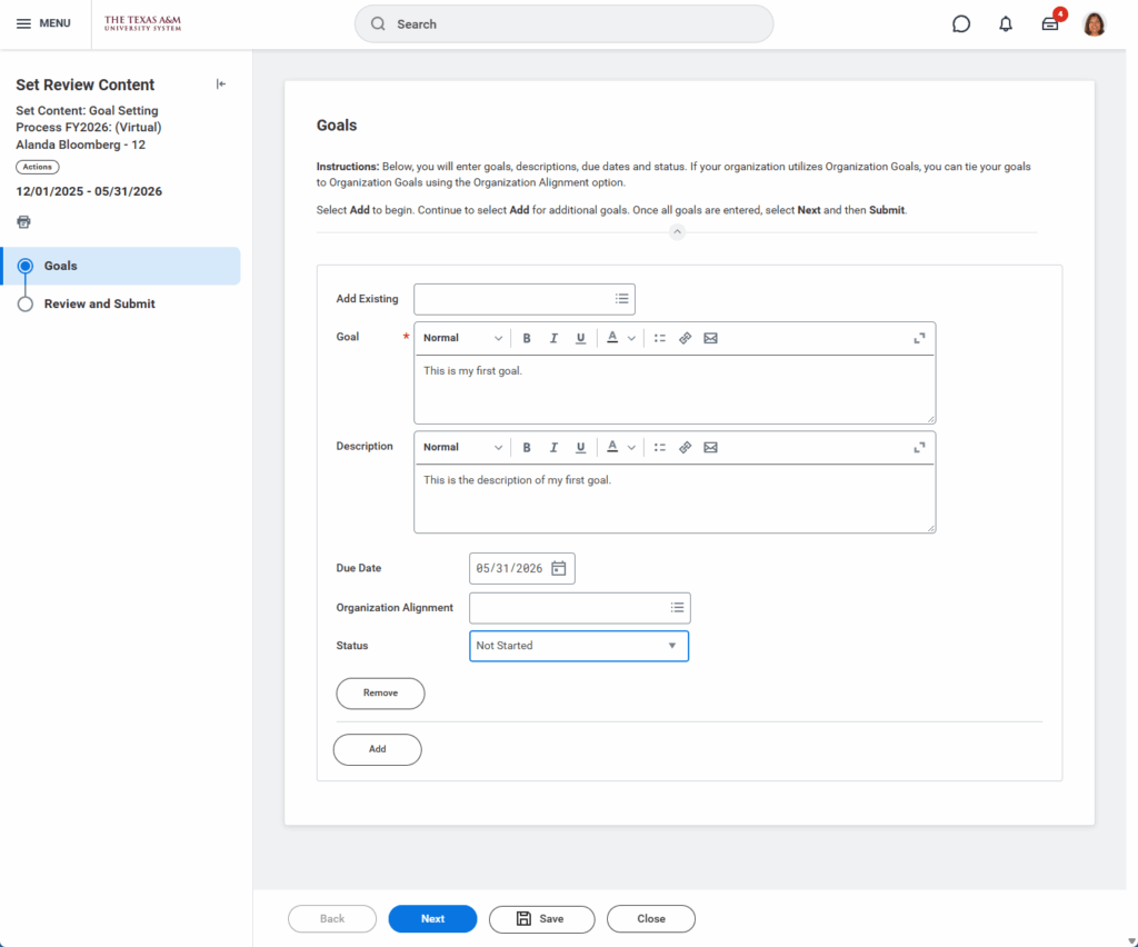 Employee enters goals dialogue box.