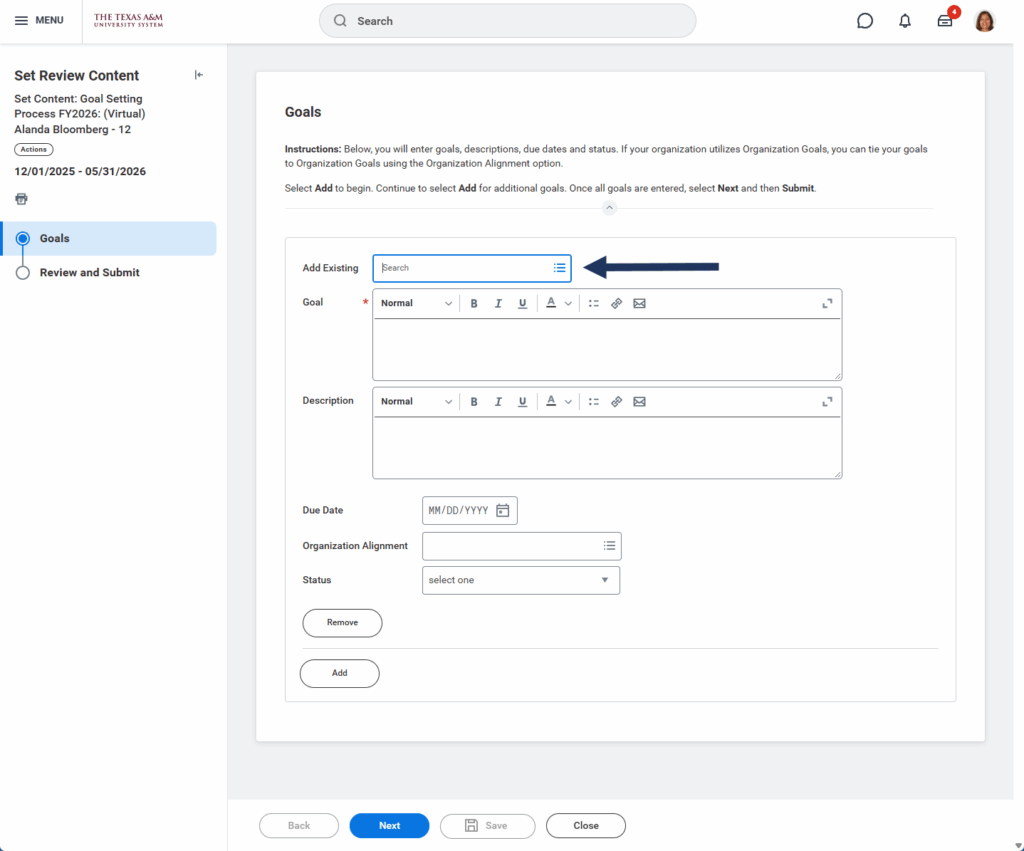 Select Existing goals drop down menu.