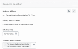 business location section with a new alternate work location selected and the primary work location description changed