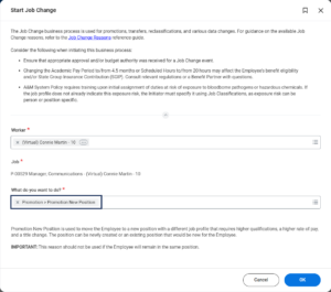 start job change with the reason promotion new position selected