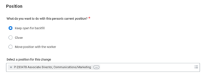 Position section in the Start Job Change business process
