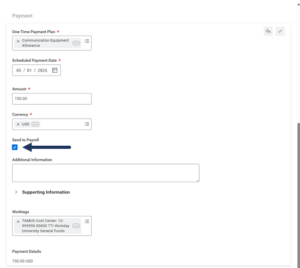 The One-Time Payment Section emphasizing the send to payroll checkbox