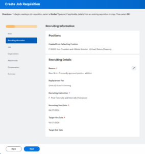 Recruiting Details section of the Create Job Requisition Task in the Guided Editor